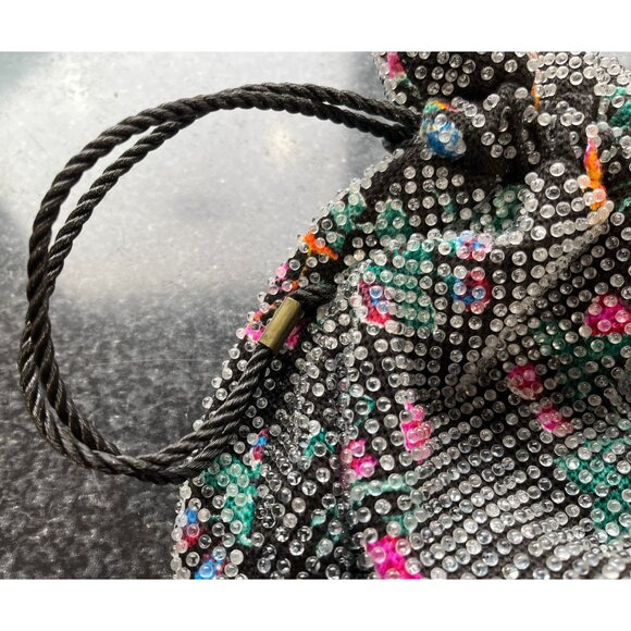 Vtg 1950s Candy Dot Beaded Drawstring Handbag Clear Colored Bakelite Beads Black - Picture 3 of 10
